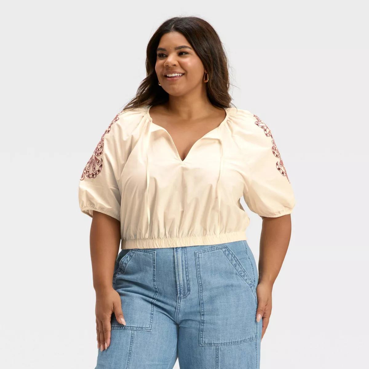 Women's Balloon Elbow Sleeve Eyelet Blouse - Universal Thread™ Cream Floral | Target