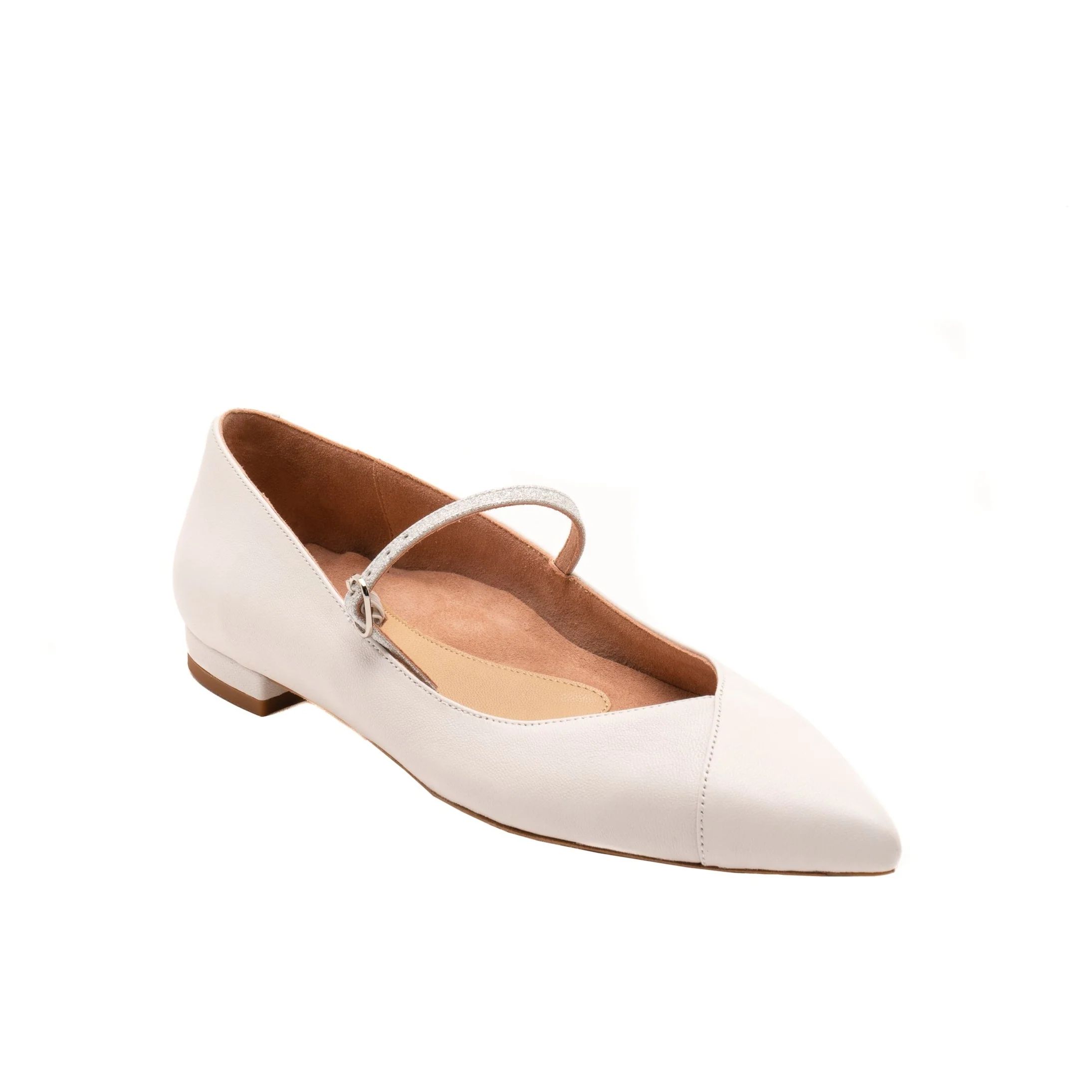 Classic White Leather Flat (Silver Shimmer Mary Jane Strap) | ALLY Shoes