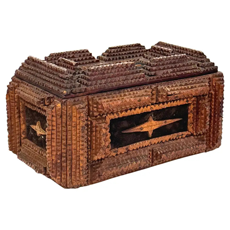 Antique American Folk Art Tramp Art Carved Box | 1stDibs