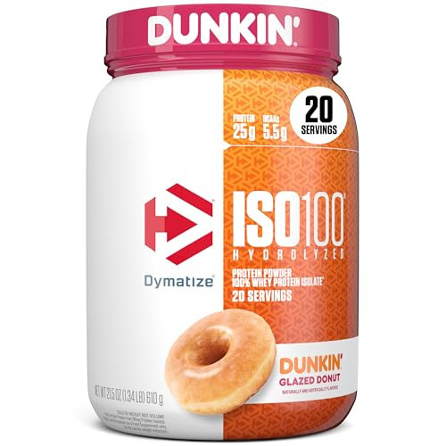 Dymatize x Dunkin' Glazed Donut ISO100 Whey Protein Powder, 25g of Protein, 5.5g BCAAs, 120 Cal., Gluten Free, 1g Fat, 1g Sugar, 2g Carb (20 Servings) | Amazon (US)