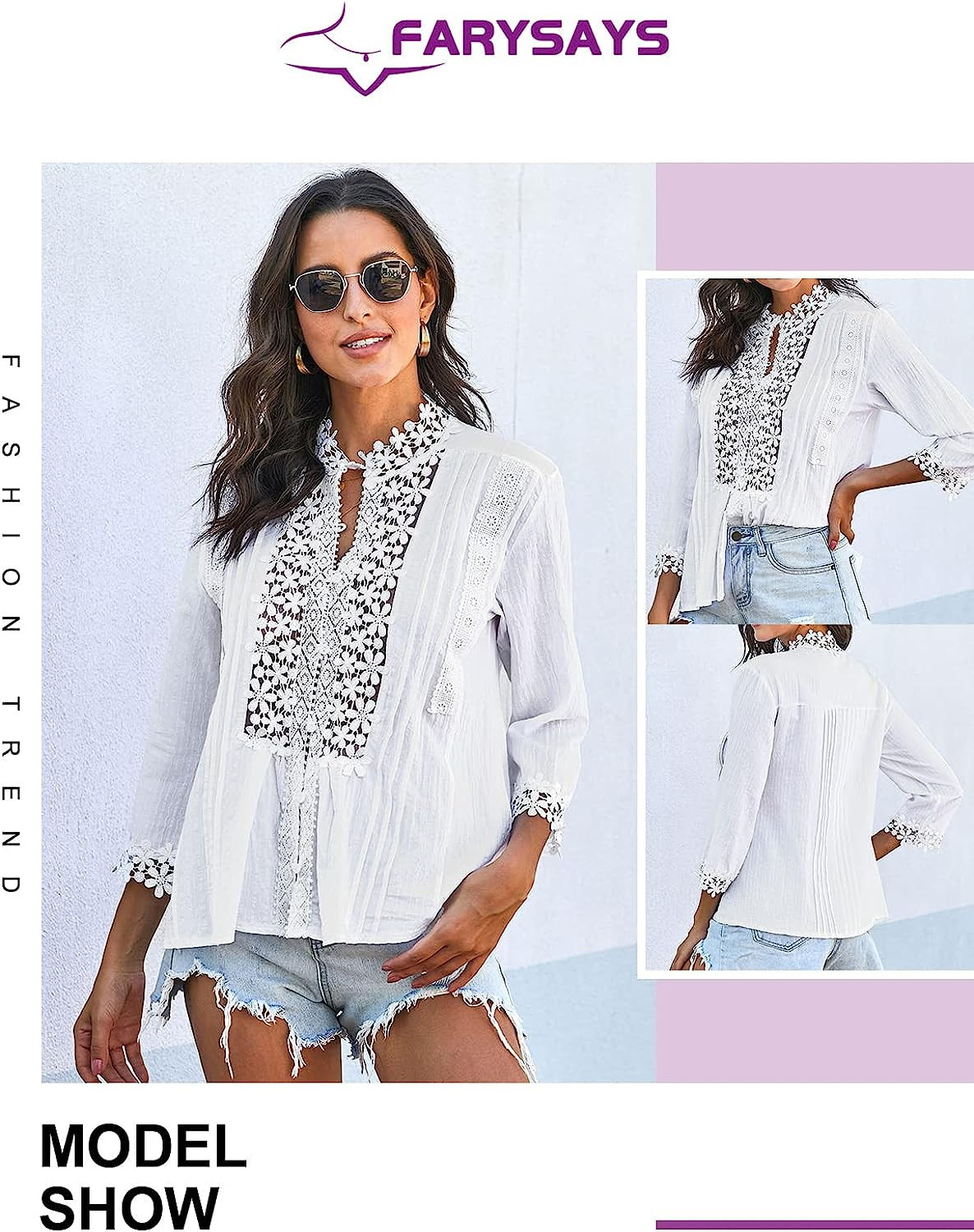 FARYSAYS Women's Tops Lace Crochet V Neck Button Down Bell Sleeve Shirts Casual Loose Blouses | Amazon (US)