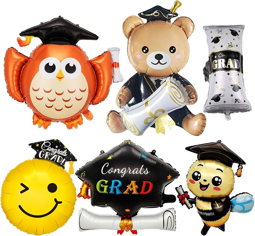 Mutpne Graduation Foil Balloons, 6 Pieces, Mylar, Bear, Cap, Owl, Bee, Smiley Face, Congrats Grad... | Amazon (CA)