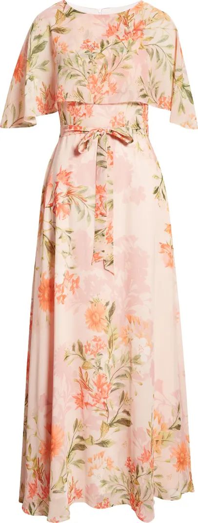 Eliza J Floral Capelet Overlay Tie Waist Maxi Dress | Nordstrom | Nordstrom