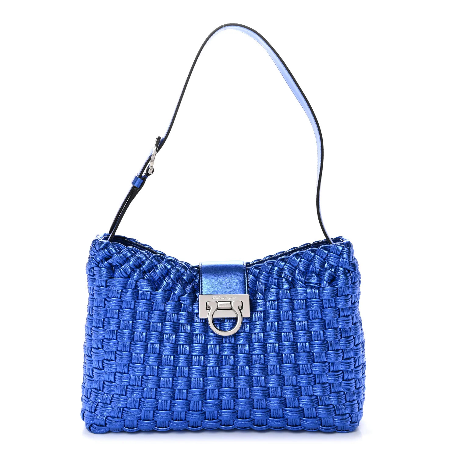 Salvatore Ferragamo Metallic Woven Calfskin Trifolio Shoulder Bag Bluette 1875303 | FASHIONPHILE (US)
