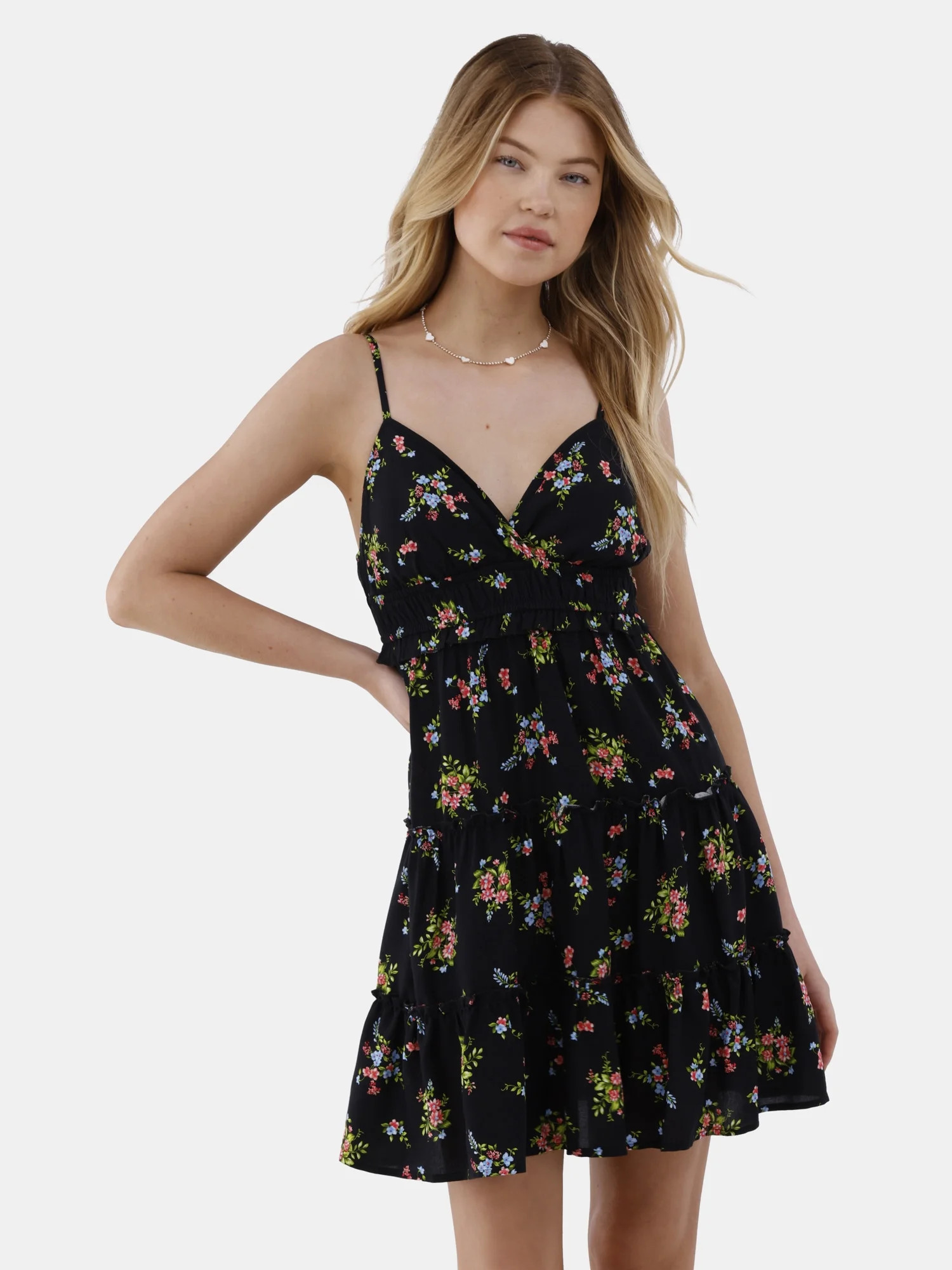 No Boundaries Surplice Tiered Dress, Women’s and Women’s Plus | Walmart (US)