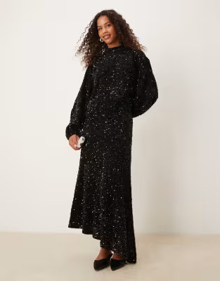 ASOS DESIGN velvet sequin co-ord wrap midi skirt in black | ASOS (Global)