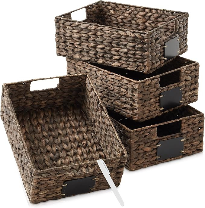Casafield Set of 4 Water Hyacinth Pantry Baskets, 10" x 13" x 5", with Chalkboard Labels and Chal... | Amazon (US)