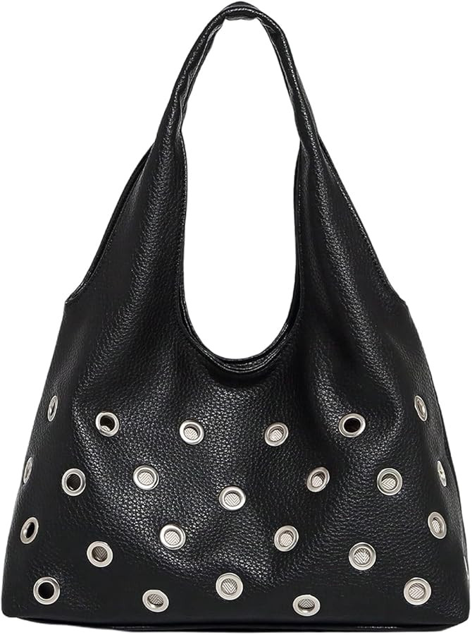 OYOANGLE Women's Rivet Leather Hobo Bag Y2K Double Handle Medium Shoulder Bags Punk Handbags | Amazon (US)