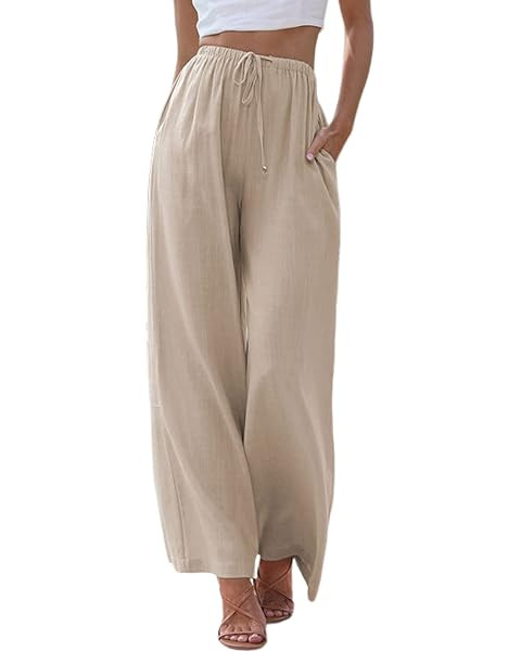Faleave Women's Cotton Linen Summer Palazzo Pants Flowy Wide Leg Beach Trousers with Pockets | Amazon (US)