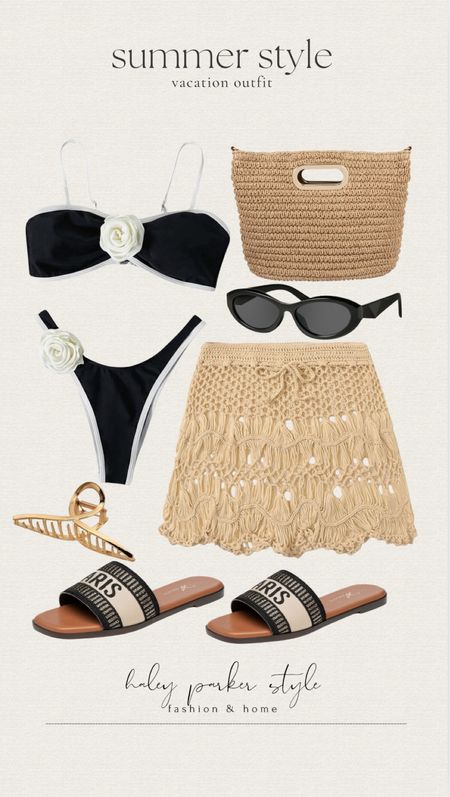 Summer style vacation outfit! 

Pool, beach, sandals, shoes, bag, purse, sunglasses, hair clip, bikini, skirt 

#LTKStyleTip #LTKShoeCrush #LTKItBag