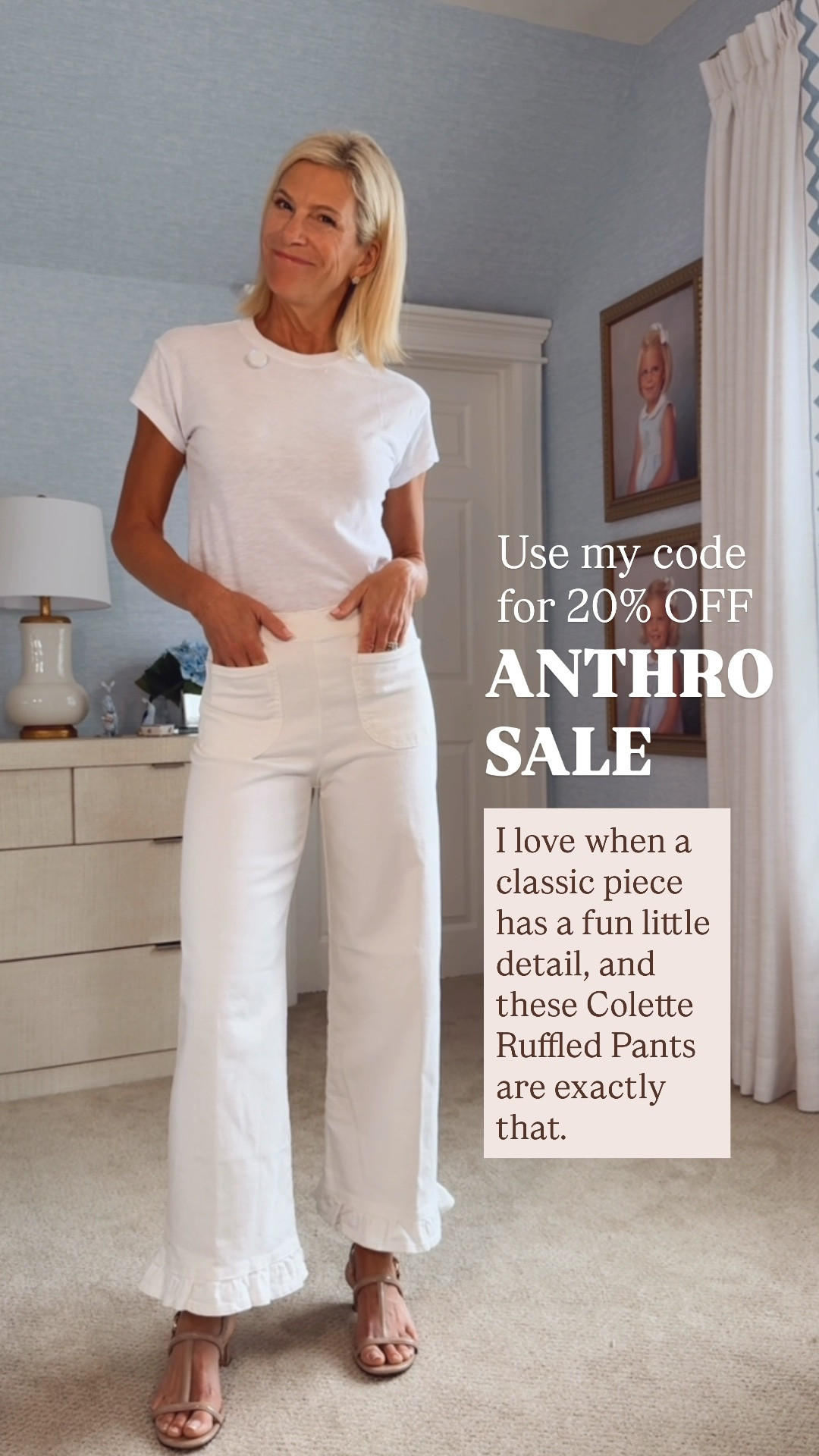 The Colette Ruffled Pants are such a fun twist on a classic white pant! The subtle ruffle hem adds the prettiest detail, and they’re so easy to dress up or down all summer. Use my code ANGELA20 to save 20% during the Anthropologie sale!

❤️ Heart = Support my posts
📌 Save = Get sale & restock alerts
🛍️ Follow me on LTK for more timeless style.

#LTKootd #LTKOver40 #LTKSaleAlert