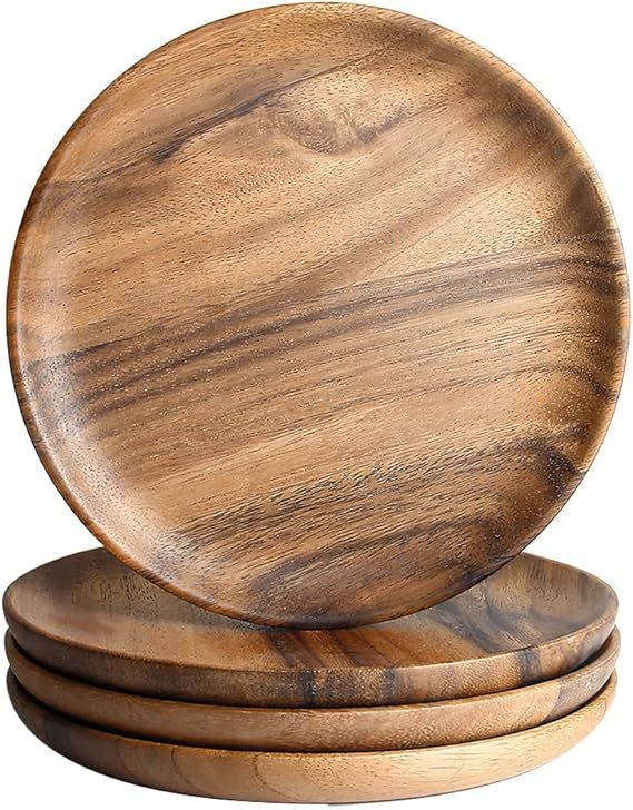 IQCWOOD Wooden Dinner Plates, 6 Inch Round Wood Plates Set of 4, Acacia Wooden Plates Round Tray ... | Amazon (US)