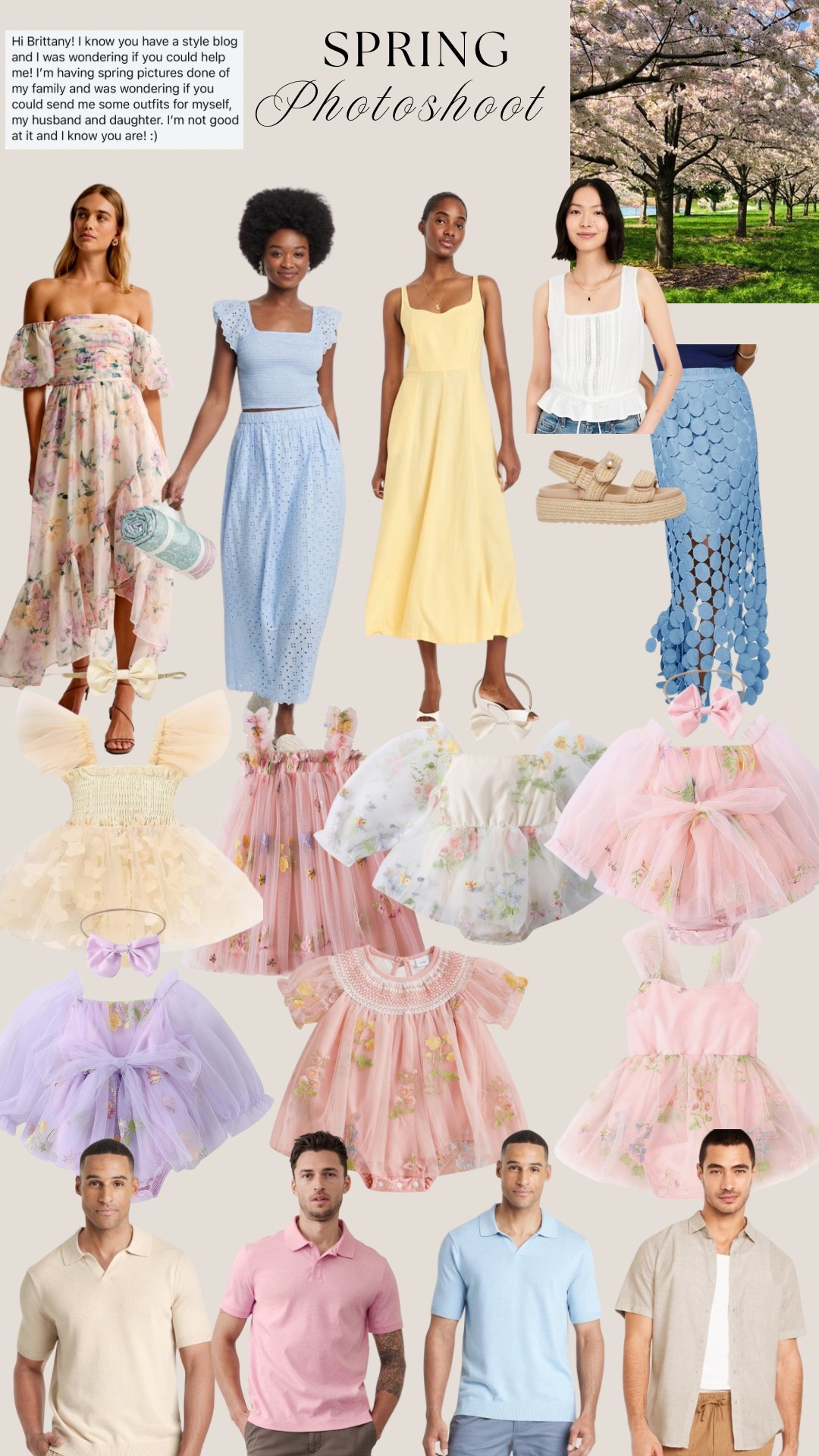 Spring Photoshoot Family Easter Coordinating Outfits Photos Mommy Me pastels florals yellow pink blue purple cherry blossom photos 

#LTKStyleTip #LTKFamily #LTKSeasonal