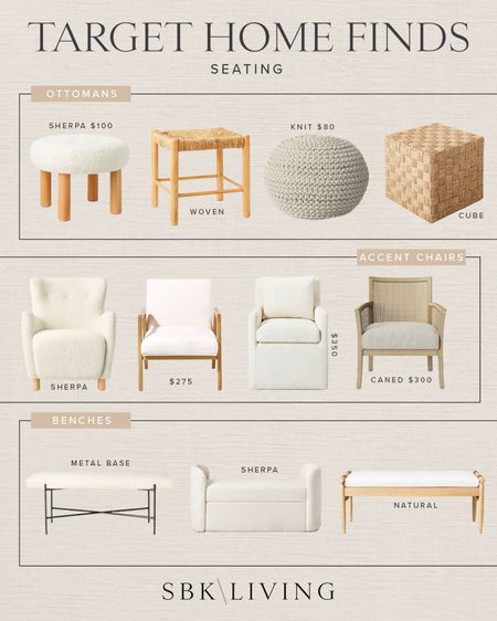 TARGET \ searing finds: poufs, accent chairs and benches!

Home decor 
Living room
Entry 
Bedroom 

#LTKhome #LTKunder100