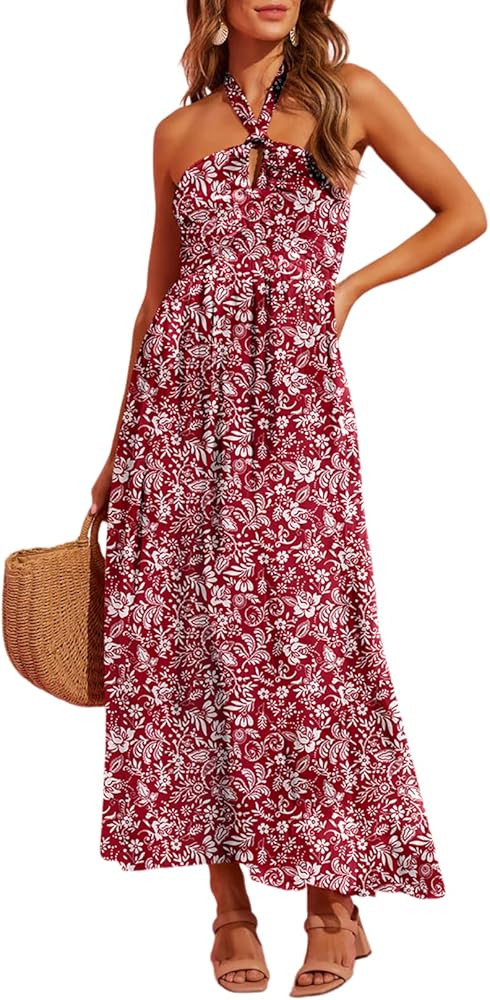 Dokotoo Women's Summer Dresses Halter Neck Sleeveless Backless Flowy A Line Boho Maxi Dress | Amazon (US)