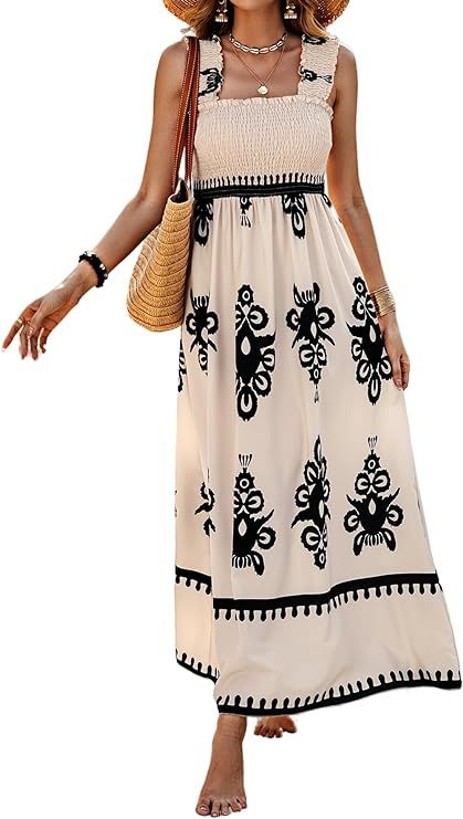 SHENHE Women's Smocked Sleeveless Flowy Tribal Print Summer Boho Vacation Maxi Dress | Amazon (US)