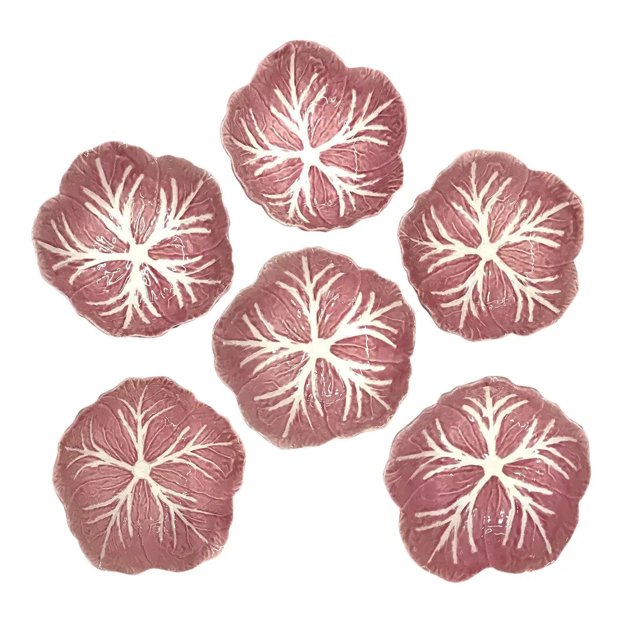 1960s Vintage Pink Cabbage Leaf Majolica Bowls - Set of 6 | Chairish