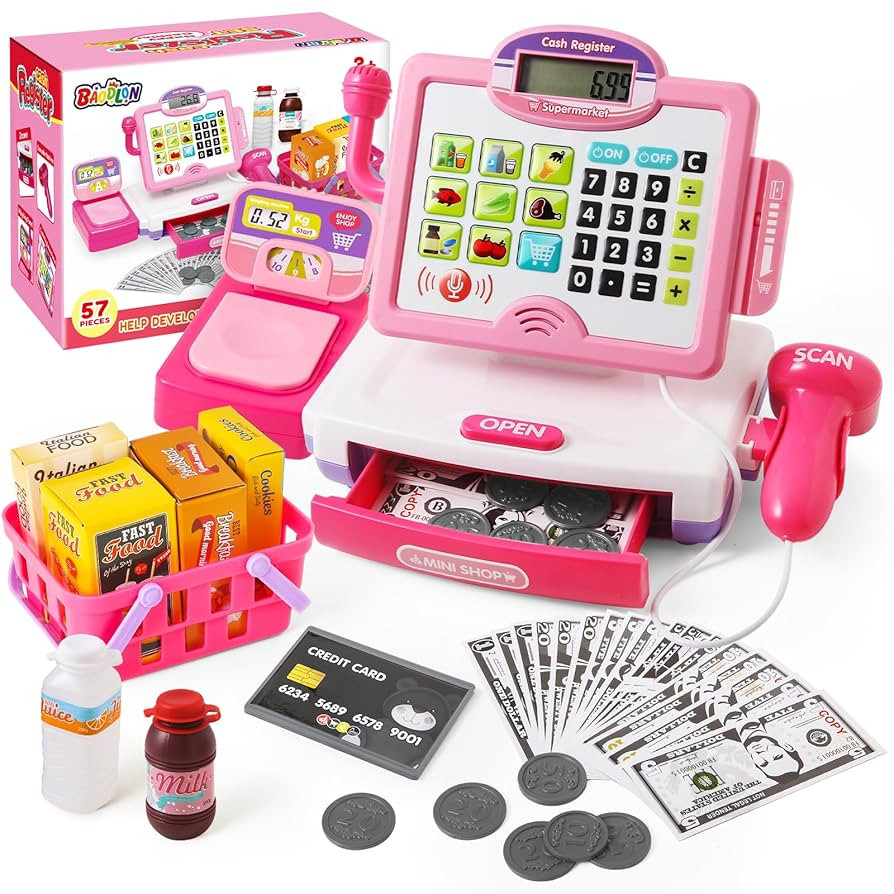 Play Calculator Cash Register Toy Gift for Kids Girls Age 3, 4, 5, 6, 7, 8+ Year Old, 57 Pcs Pink... | Amazon (US)