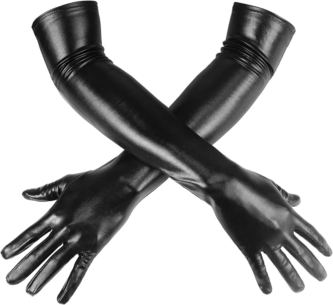 Luwint Women Sexy Wet Look Black Long Gloves for Costume Cosplay Photoshoot | Amazon (US)