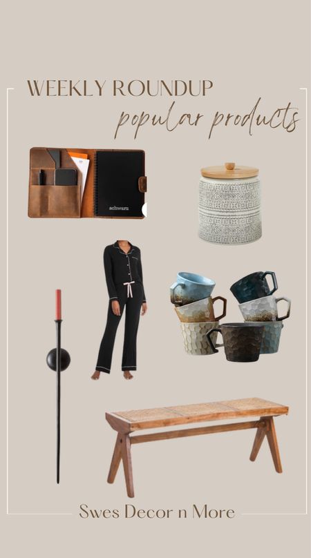 This week’s popular products…

Leather padfolio, embroidered canister, clay mugs, cozy women’s pajamas, an affordable wood bench, and black minimal candle sconce. 

#LTKunder50 #LTKSeasonal #LTKhome