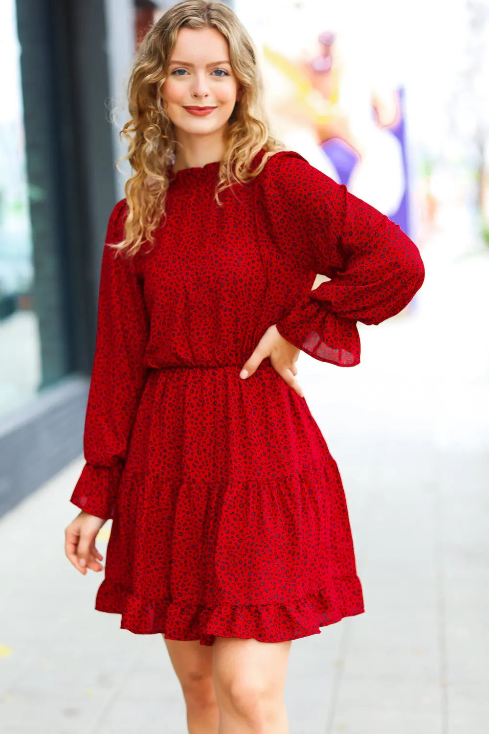 Haptics Simply Merry Burnt Red Animal Print Mock Neck Tiered Dress | Casual Chic Boutique