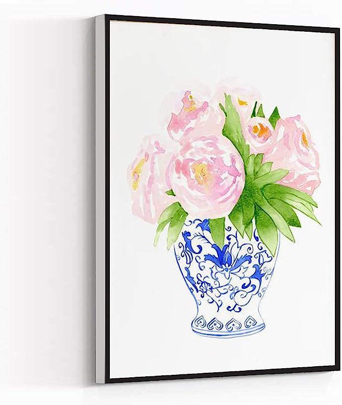 CANVAS PRINT WALL ART,Watercolor Peonies Chinoiserie Vase,Coastal Blues Watercolor peony porcelai... | Amazon (US)