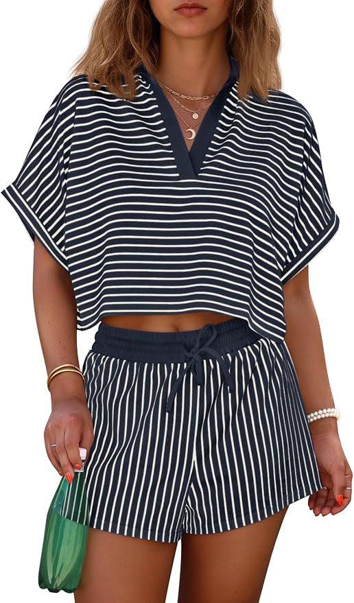 Cicy Bell Womens Striped 2 Piece Short Sets Cropped Tops Summer Lounge Set | Amazon (US)