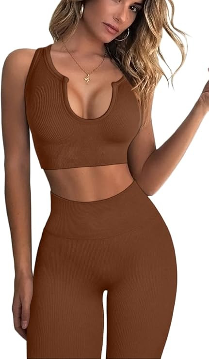 QINSEN Workout Outfits for Women 2 Piece Ribbed Seamless Crop Tank High Waist Yoga Leggings Sets | Amazon (US)