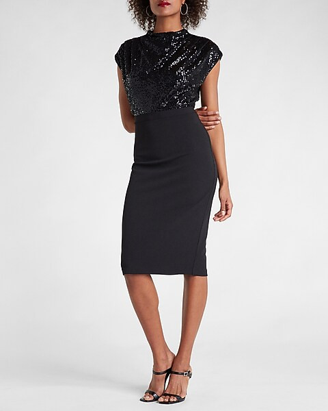 Sequin Draped Mock Neck Midi Sheath Dress | Express