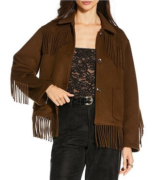 Gianni Bini x Sydney Silverman The Alexa Double Face Wool Blend Fringe Spread Collar Long Sleeve ... | Dillard's