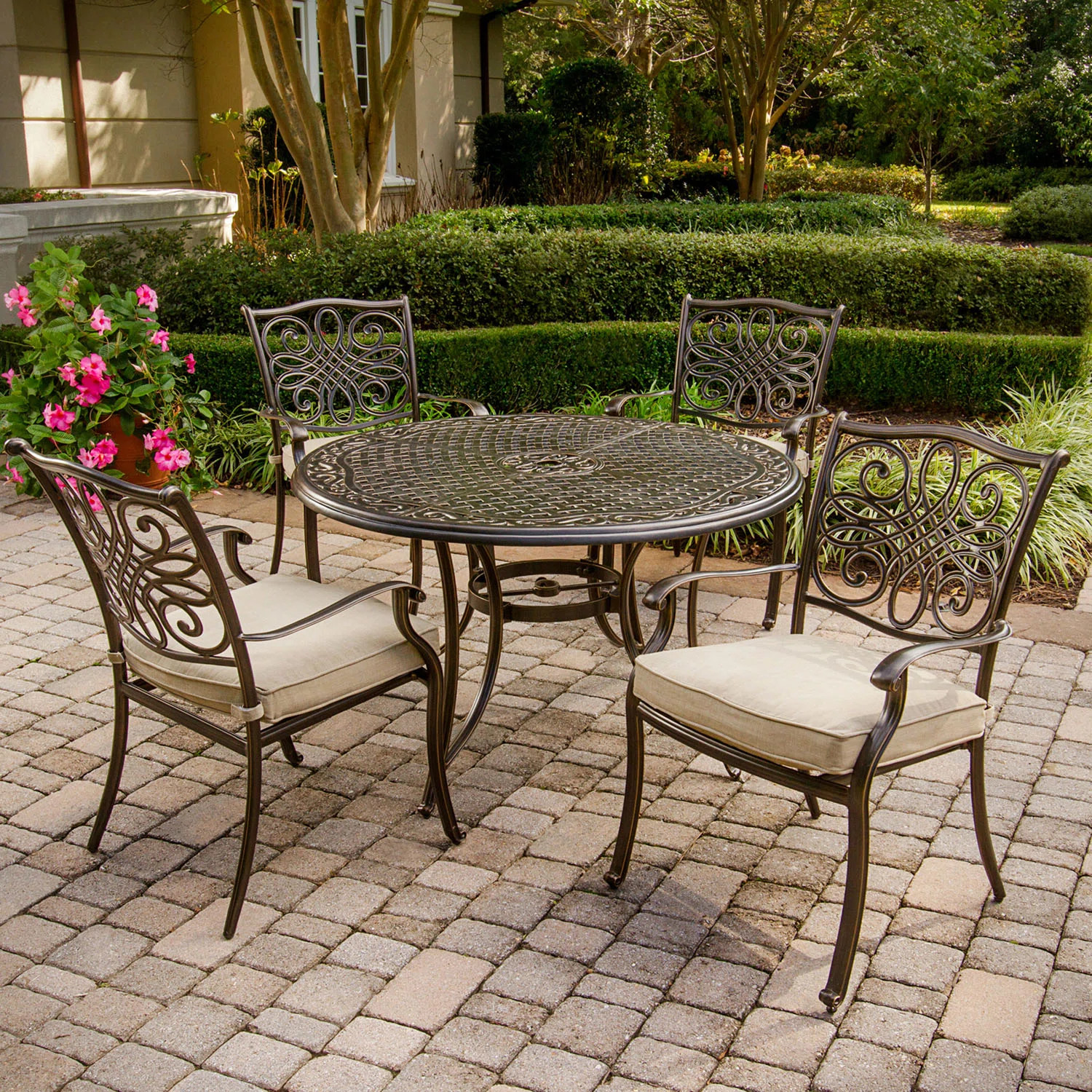 Burroughs 4 - Person Metal Patio Dining Set with Round Table , Cushions Included | Wayfair North America