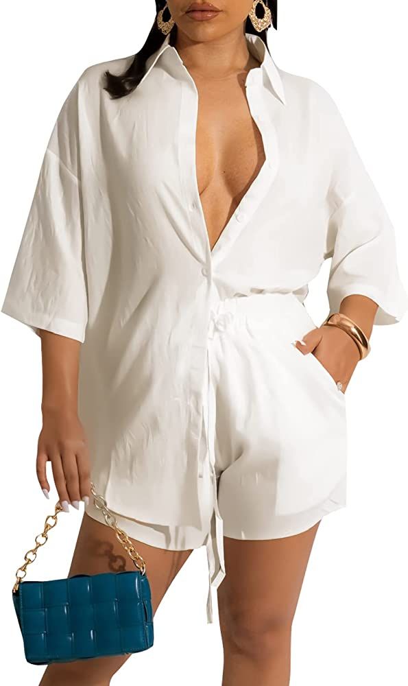 Women's Casual 2 Piece Outfit Shirt Set 3/4 Sleeve Oversized Shirt High Waisted Drawstring Shorts Tr | Amazon (US)