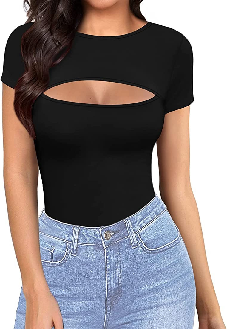 MANGOPOP Women's Sexy Cutout Front T Shirt Long Sleeve Short Sleeve Bodysuit Jumpsuits | Amazon (US)