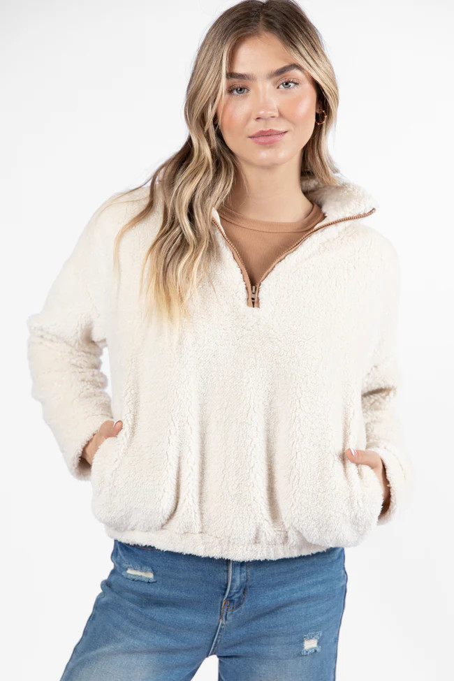 Stay Here Beige Contrast Trim Sherpa Pullover DOORBUSTER | Pink Lily