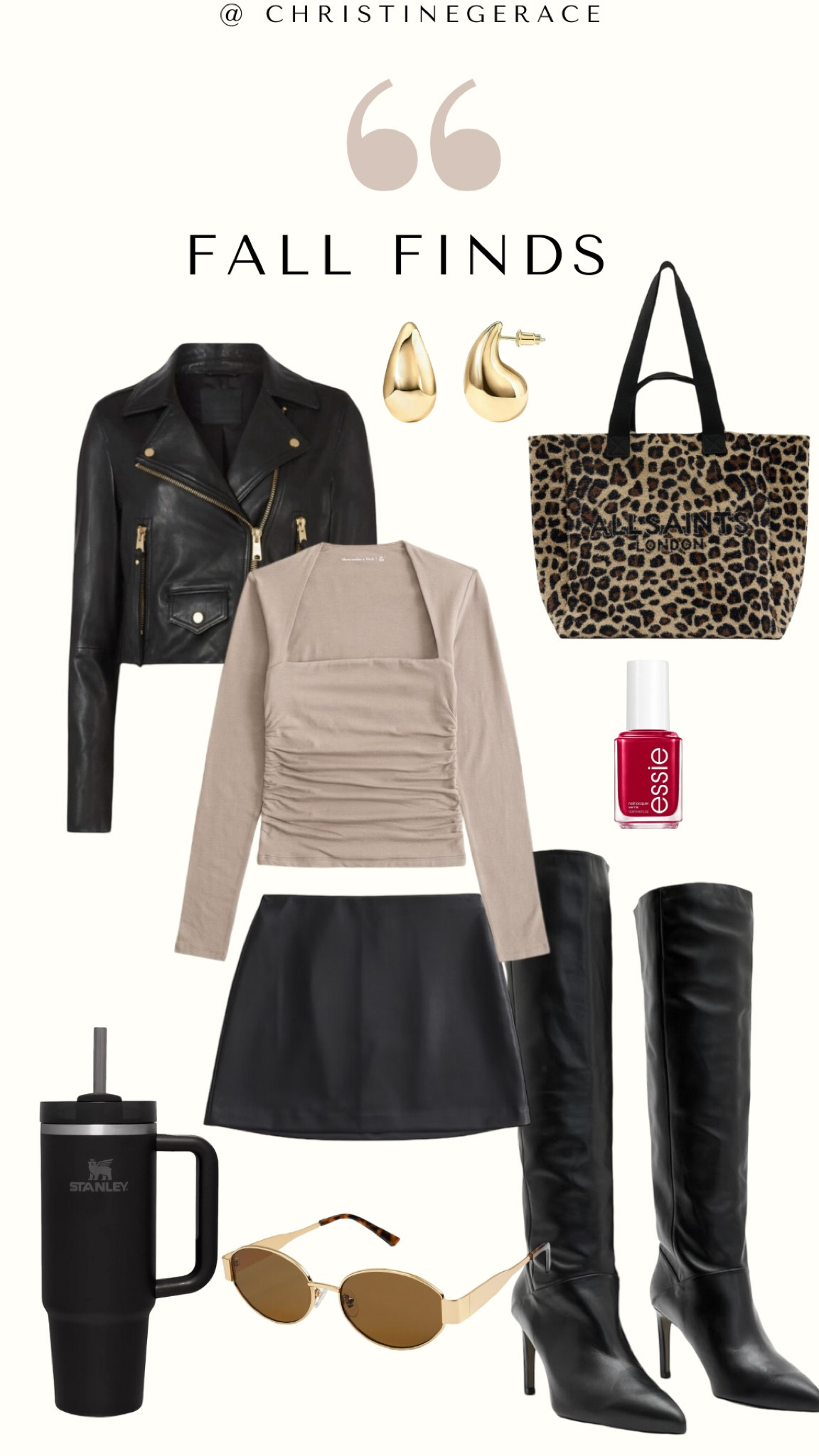 Fall outfit ideas. Leather jacket, skirt, long sleeve, Stanley, red nail polish, cheetah print bag, earrings, boots 

#LTKFallSale #LTKStyleTip #LTKFindsUnder50