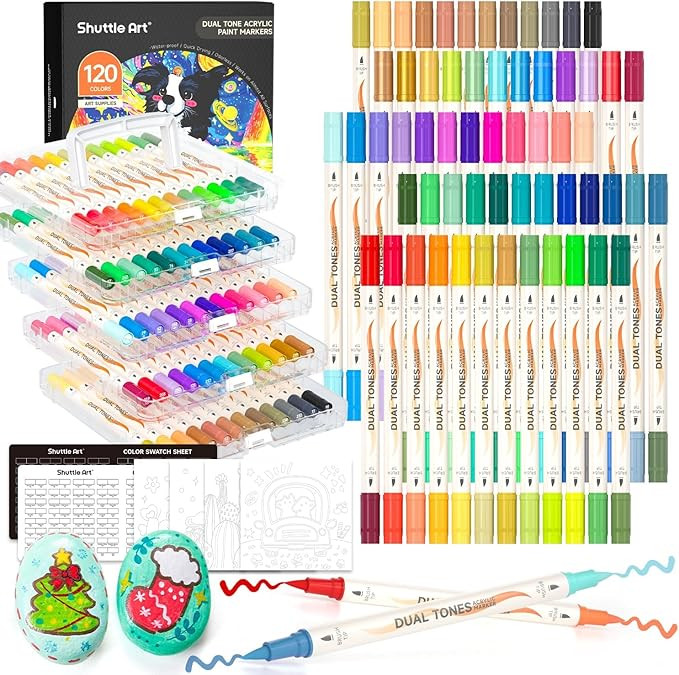 Shuttle Art 120 Colors Dual Tone Acrylic Paint Markers, 60 Pack Acrylic Paint Pens Set for Rock P... | Amazon (US)