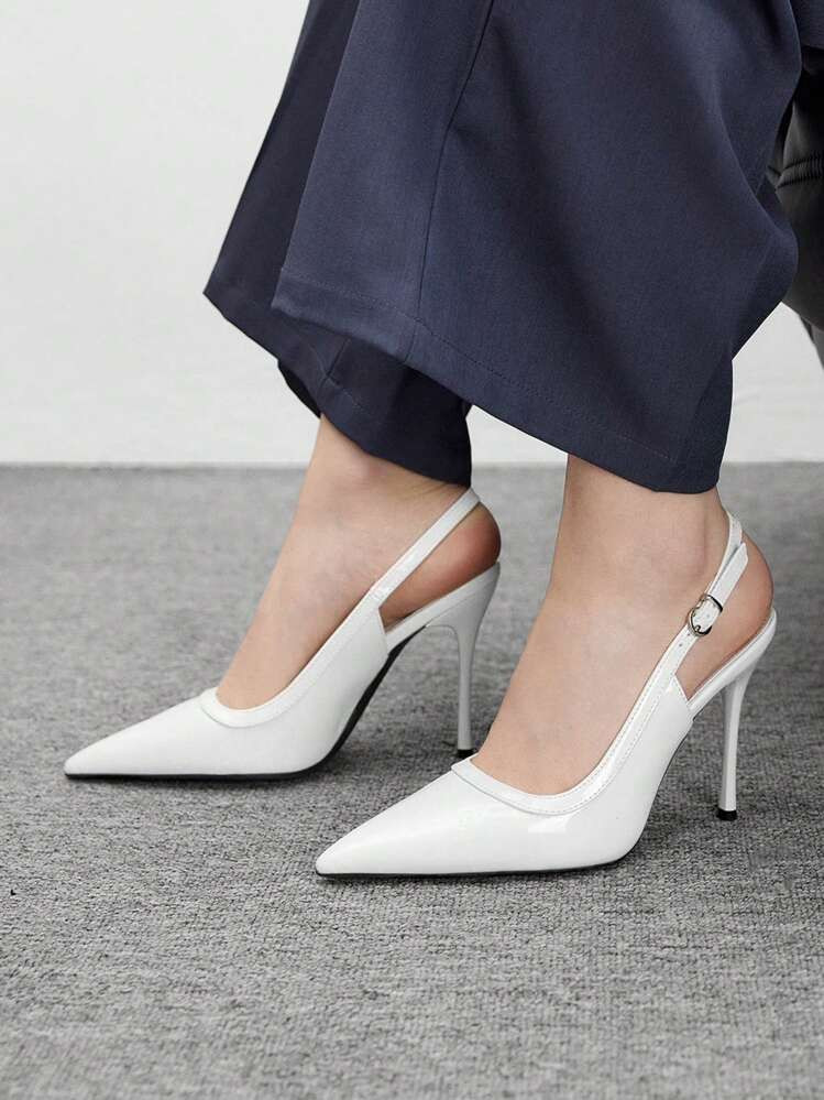 CUCCOO BIZCHIC Women's Pointed Toe Stiletto High Heel White Mirror PU Leather Pumps, Minimalist Fashion Commuter Versatile Party Dress Shoes With Ankle Strap | SHEIN