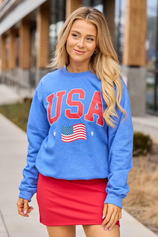 USA Flag Heather Blue Graphic Sweatshirt SALE | Pink Lily