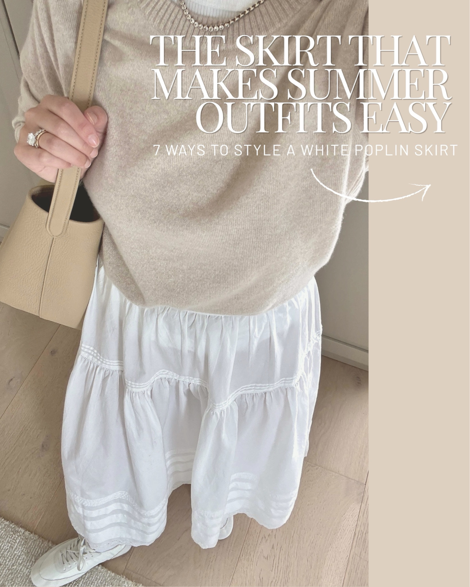A white poplin skirt is one of those pieces that earns its place in a wardrobe. Easy to dress up, easy to dress down, and it works with so many of the basics you already own.

Outfit 1:
Everlane box cut tee medium 
Sweater is old - linked similar 
Aritzia skirt xs 
Reformation flats 5 
The row bag medium 
Dorsey James necklace 15” 
Electric Picks sunglasses 
Quince sunglasses 
YSL sunglasses

Outfit 2:
Zara top xs 
Aritzia skirt xs 
Tkees phoebe sandals 5 
J.crew bucket bag 
Dorsey earrings medium 
Dorsey James necklace 15” 
Celine sunglasses 

Outfit 3:
Everlane tee medium
Quince cashmere tee medium 
Quince skirt xs - runs super big
Loeffler Randall flats 5. Runs narrow. 
Sezane bag - color is old, linked similar.
Le Specs sunglasses 

Outfit 4:
Aritzia cardigan xs 
Aritzia skirt xs 
Quince bucket bag 
Ancient Greek sandals 35 
Dorsey James necklace 15” 
Electric Picks earrings

Outfit 5:
Banana Republic factory top xs - old, linked similar
Madewell midi skirt xs - old, linked similar 
Everlane flats 5 - linked similar
DeMellier bag 
Le Specs sunglasses 
J.Crew earrings

Outfit 6:
J.crew cashmere sweater xs 
DÔEN skirt small 
Amazon socks 
SperryxAritzia sneakers 6 - size up 
The row tote small 
Polo Ralph Lauren hat 
Dorsey earrings medium 
Dorsey James necklace 15"

Outfit 7:
Madewell tank small
Unknown skirt xs - old
Ancient Greek sandals 35
Nordstrom sweater small - old
Celine sunglasses

#LTKmomlife #LTKPetite