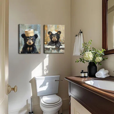 Bear Bathroom Wall Art Set Of 2 Funny Animal Pictures Wall Decor Canvas Black Bear Decor Prints Cute Humorous Paintings For Bathroom Restroom Home Dec | Wayfair North America