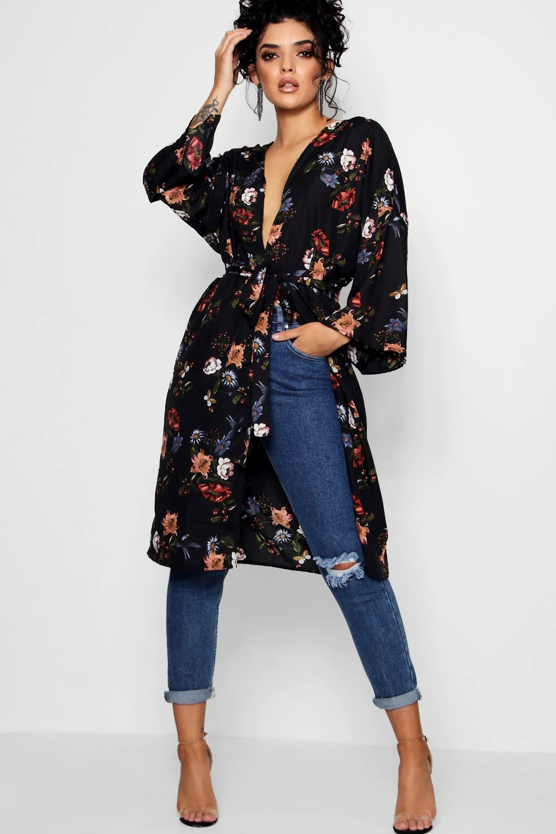 Floral Tie Waist Kimono | Boohoo.com (US & CA)