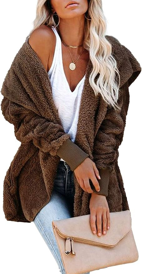 Dokotoo Womens 2022 Winter Long Sleeve Solid Fuzzy Fleece Open Front Hooded Cardigans Jacket Coat... | Amazon (US)