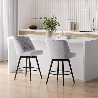 Modern Farmhouse Swivel Bar Stool with Ergonomic Barrel Back and Deep Tufting for Kitchen Island Counter Dining Comfort in Light Grey | Target