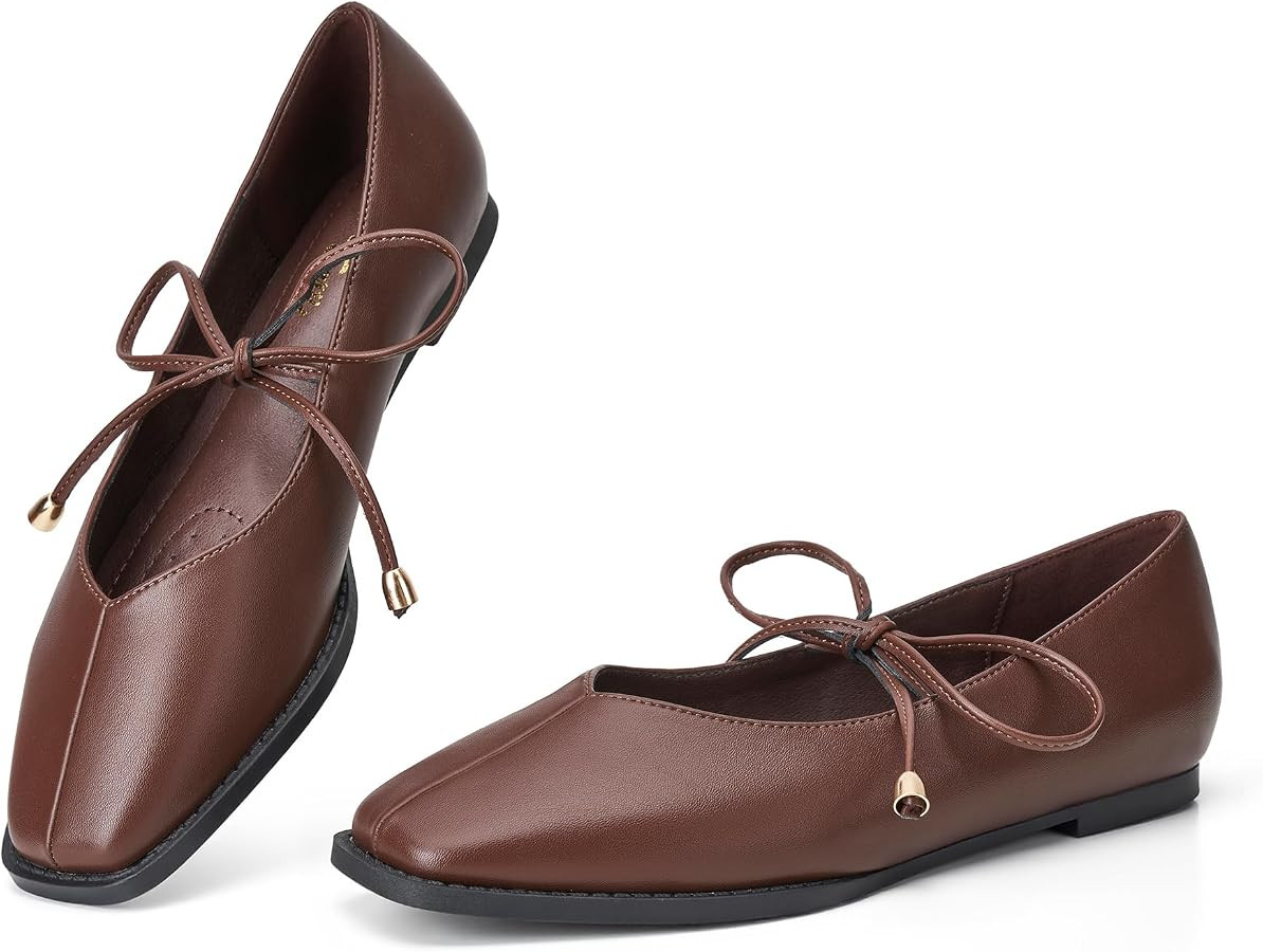 Trary Women's Lace Up Ballet Flats Mary Jane Flats Square Toe Dress Shoes | Amazon (US)