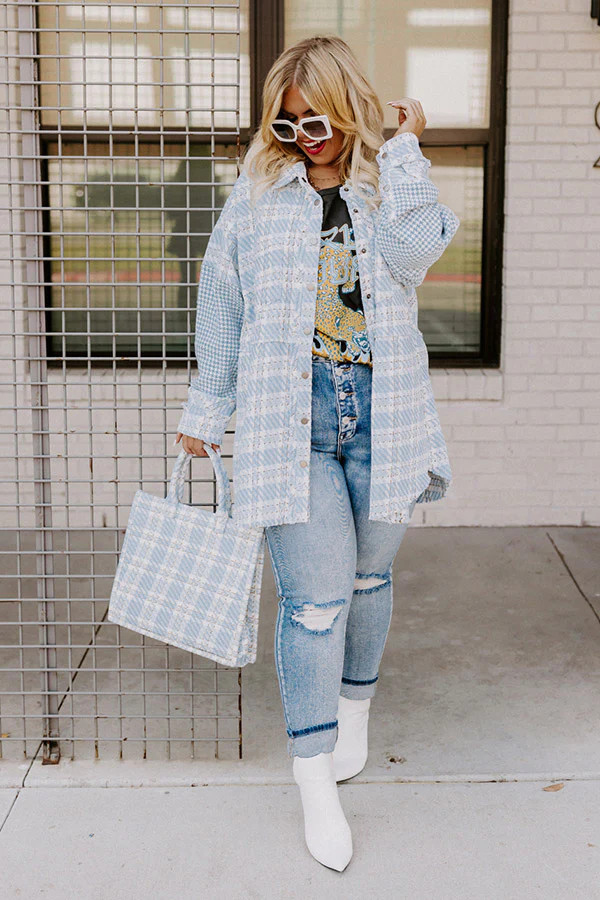 Boston BFF Tweed Jacket In Sky Blue Curves | Impressions Online Boutique