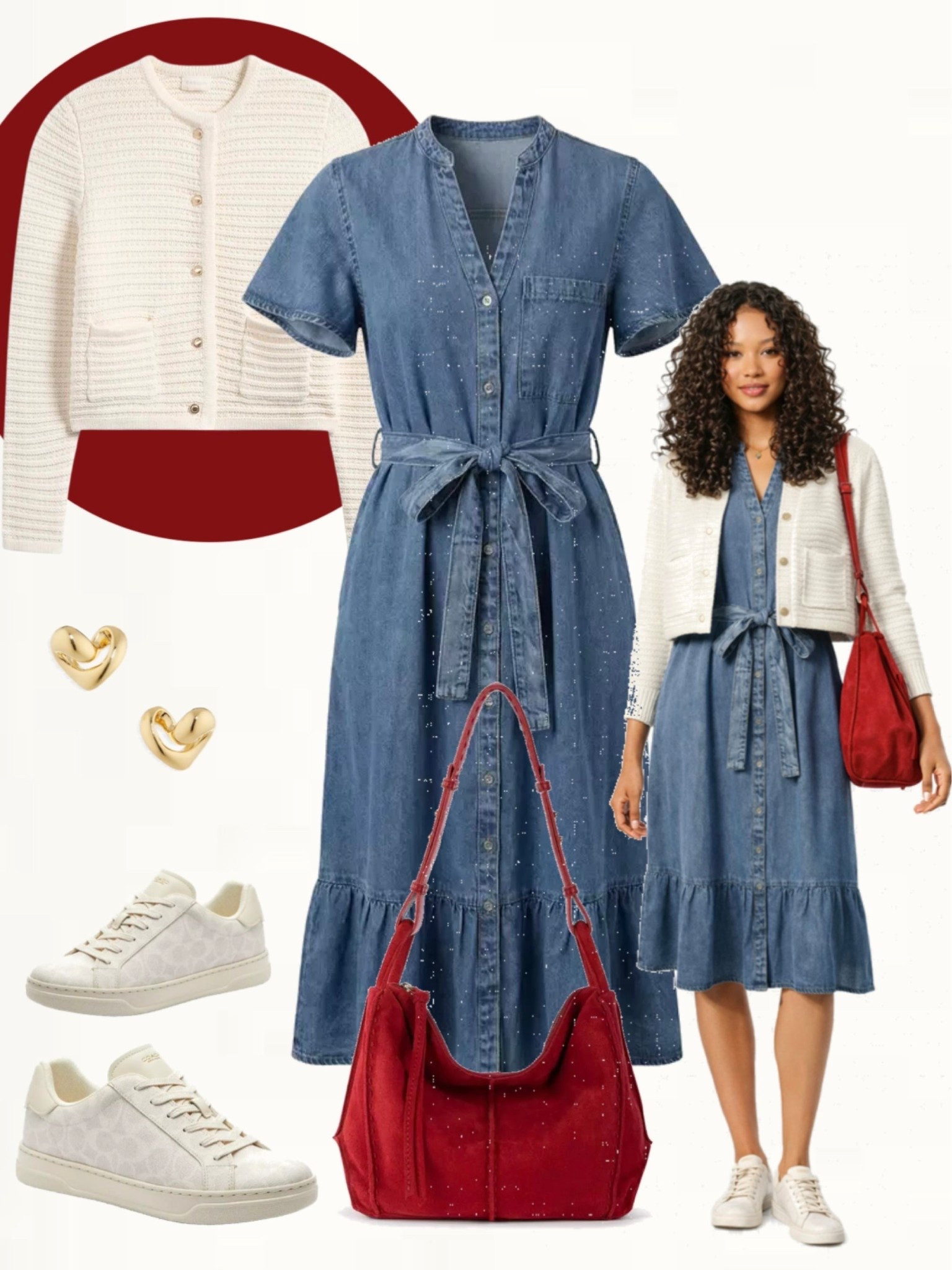 Mid-wash denim shirt dress with a tie waist paired with a cream knit cardigan, white sneakers, and a bold red shoulder bag. Gold heart earrings add a soft touch.
#denimstyle #everydayoutfits #effortlesslook

#LTKOver40 #LTKootd #LTKSeasonal