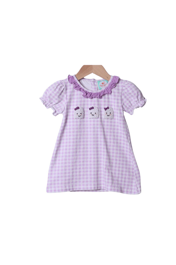 French Knot Ghost Lavender Gingham Dress | The Smocked Flamingo