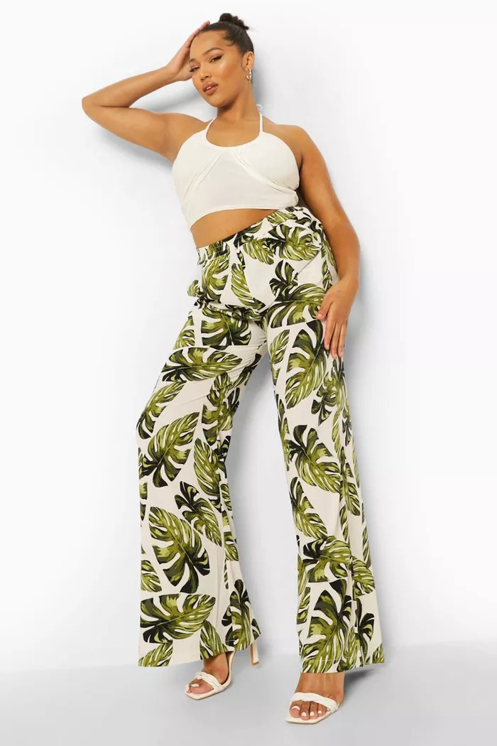 Plus Palm Print Wide Leg Trousers | Boohoo.com (UK & IE)