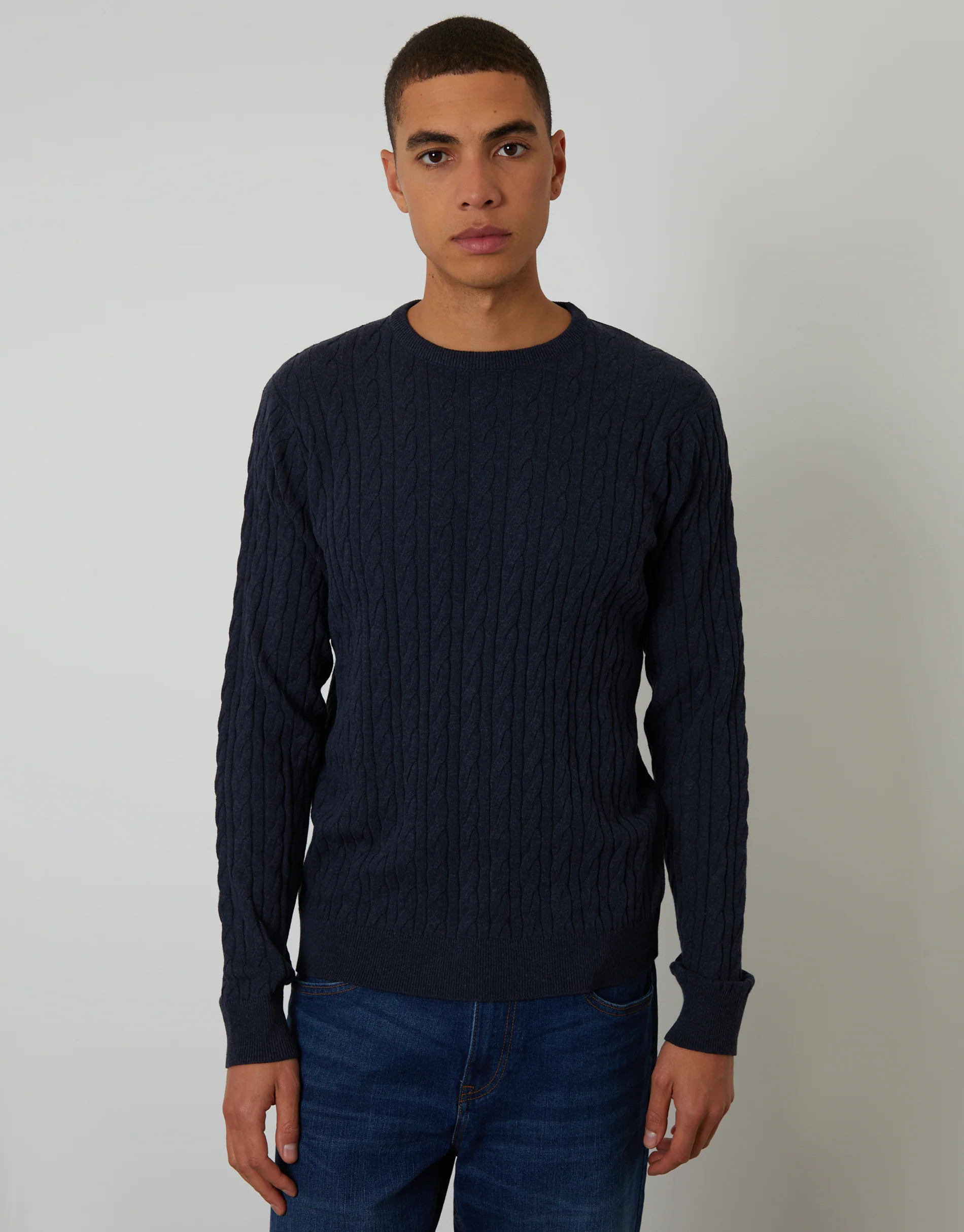 Threadbare Navy Cable Knit Crew Neck Jumper | Threadbare