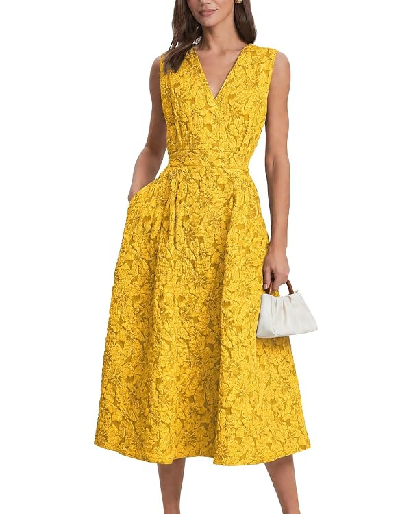 Ladyful Womens Sleeveless Floral Jacquard Midi Dress Elegant V-Neck A Line Dress Flare Cocktail D... | Amazon (US)